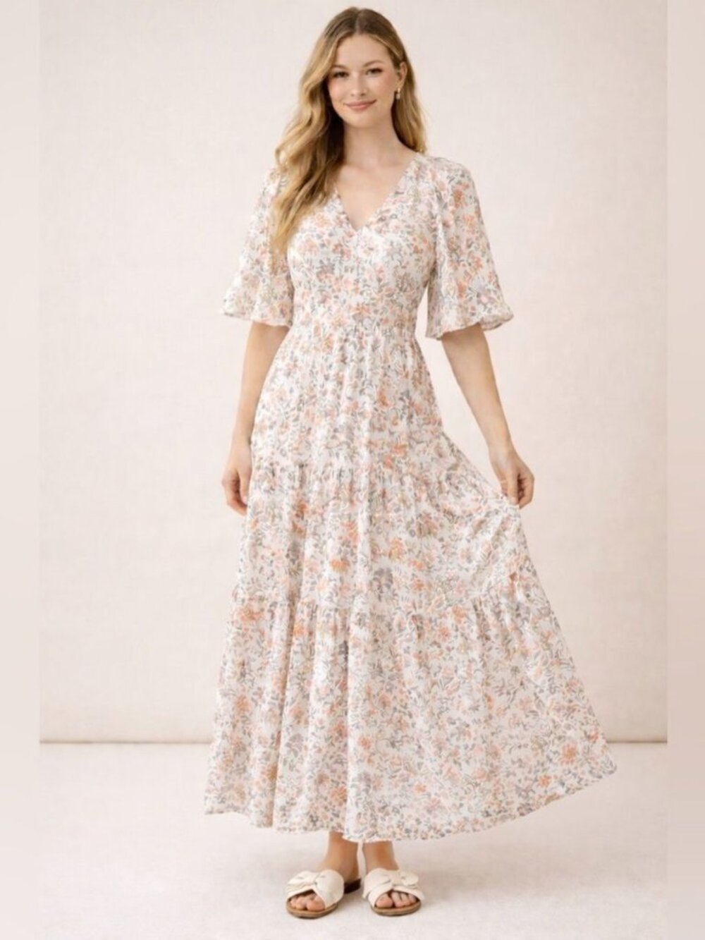 Tuckernuck Ginger Ivory Floral Animal Print Tiered Maxi Dress Small